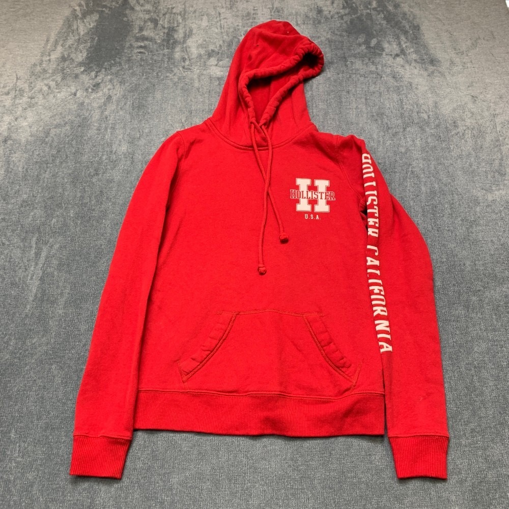 Hollister Hoodie Womens XS Red Ribbed Hem Fleece Lined Winter Wear Drawstring